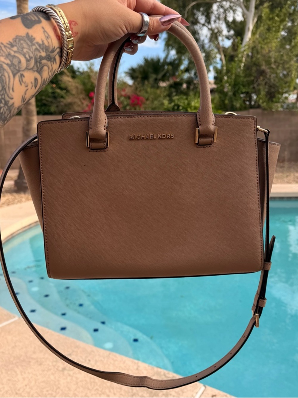 Michael Kors Taupe Saffiano Leather Satchel with Crossbody Strap